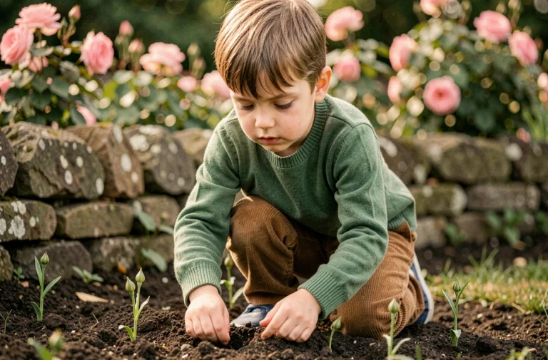 Jeune garçon agenouillé dans un jardin fleuri, les pouces dans la terre, évoquant l'univers enchanteur de Tistou les pouces verts