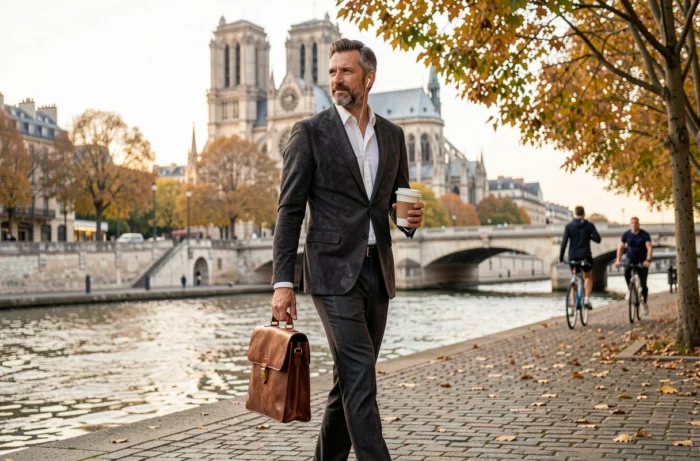 Homme d'affaires marchant sereinement le long de la Seine à Paris pour éviter le stress du trajet domicile-travail