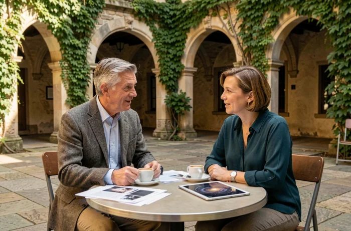 Deux universitaires discutant de grandes questions philosophiques et scientifiques en terrasse dans une cour d'université européenne
