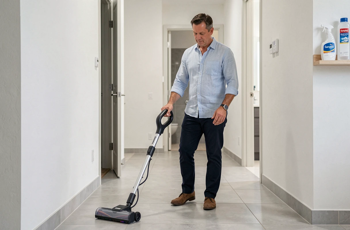 Homme utilisant un aspirateur laveur Tineco sur carrelage de couloir avec du Sanytol visible en arrière-plan