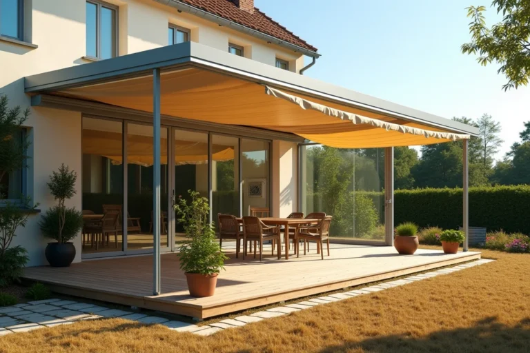 Véranda en polycarbonate vue de l'extérieur avec store banne et ventilateur pour rafraîchissement estival