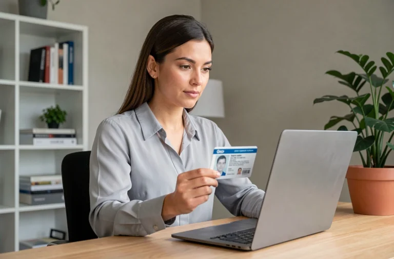 Femme vérifiant sa carte d'identité en ligne sur un ordinateur portable dans un bureau à domicile moderne