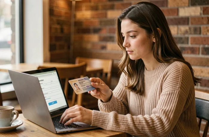 Jeune femme effectuant une vérification de carte d'identité en ligne depuis un café avec son ordinateur portable