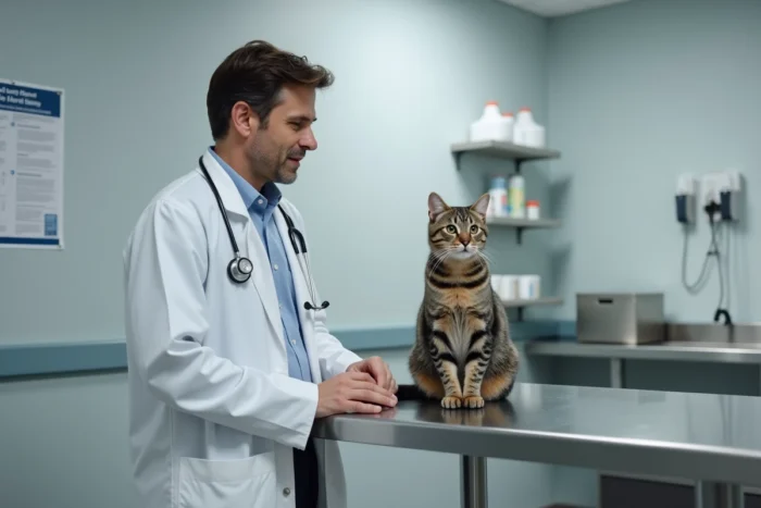 Vétérinaire examinant un chat tigré sur une table d'auscultation dans une clinique vétérinaire moderne