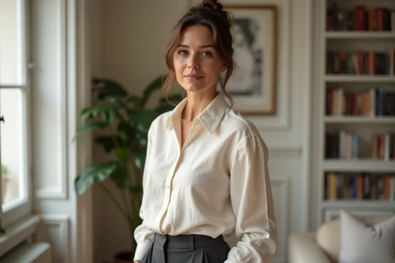 Femme brune élégante dans un appartement parisien moderne illustrant la vie privée et l'intimité d'un couple célébrité