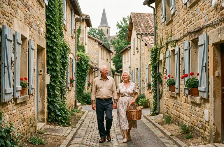 Couple de personnes âgées se promenant dans un village traditionnel de Bourgogne aux maisons en pierre