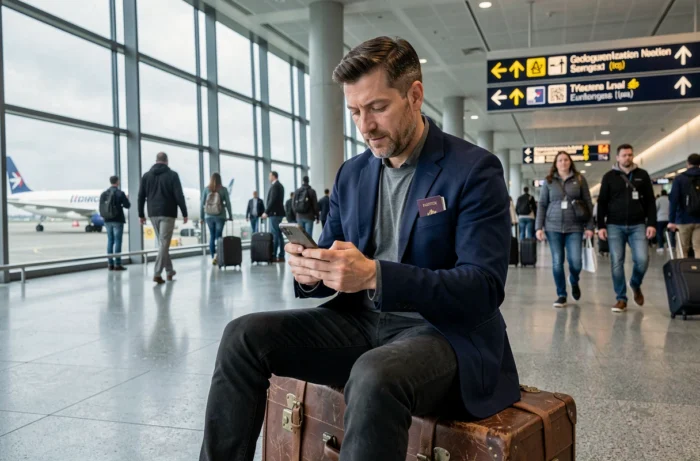 Voyageur seul dans un aéroport international consultant son téléphone avant de partir